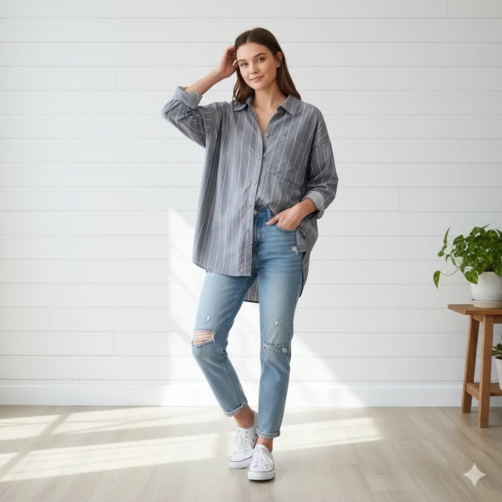 H&M Divided Gray Pinstripe Oversized Button Down Shirt Cotton Size M - Picture 1 of 10